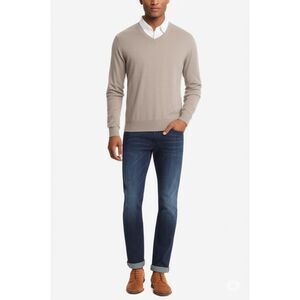 Exspress Extra Fine Merino Wool Sweater Men's S Soft V Neck Long Sleeve Oatmeal